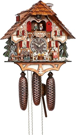 Cuckoo Clock Black Forest house with moving beer drinkers and mill wheel