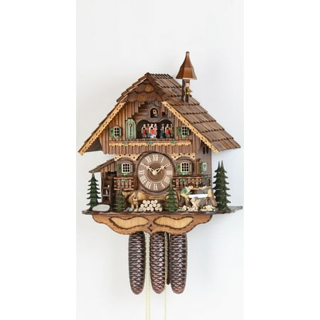 Cuckoo Clock Black Forest house with moving wood chopper and mill wheel KA 3728/8