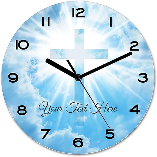 Custom Cross Jesus Wall Clock 11.6 Inch Personalized Round Wall Clock Silent Battery Operated Christian Religious Wooden Clocks Farmhouse Home Decor for Living Room Bedroom School Blue