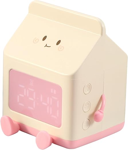 Cute Alarm Clock for Kids, Cute Digital Clock, Cute Milk Box Shape Clock Children Wake Up Clock,5 Minute Alarm, Rechargeable Alarm Clock for Bedroom Room Decor Birthday