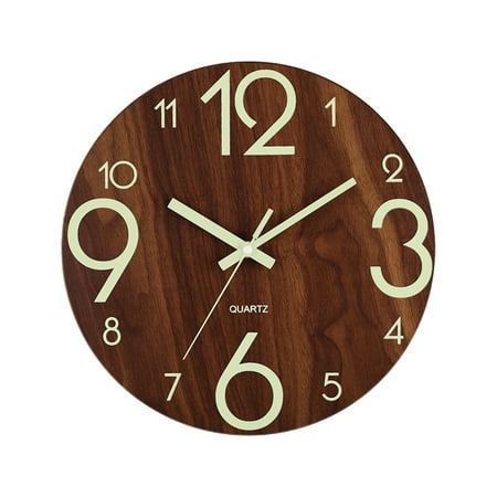 Desheus 12 Inch Wooden Wall Clock Glow-in-the-Dark Clock Dark Brown MDF White Numbers Silent Home Decoration Modern Wall Clock