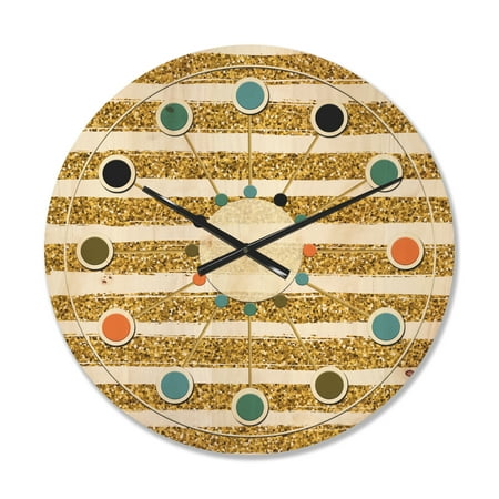 Designart 'Golden Cubics Horizontal Lines ' Mid-Century Modern Wood Wall Clock