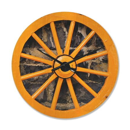 Designart 'Yellow Vintage wooden Wagon Wheel' Farmhouse Wood Wall Clock