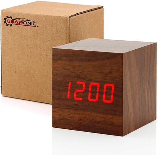 Digital Alarm Clock, Brighter Display Wooden Alarm Clocks, LED Clock For Bedroom, Small Digital clock with USB LED and Charger, Square Shape With Compatible Size Suitable For Bedrooms, Office-Brown