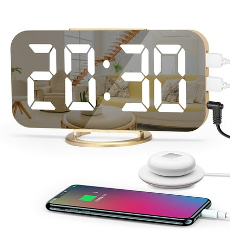 Digital Alarm Clock, Digital Clock Large Display Number, LED Electric Alarm Clocks Mirror Surface for Makeup with Diming Mode, 3 Levels Brightness, Dual USB Ports Modern Decoration for Home Bedroom