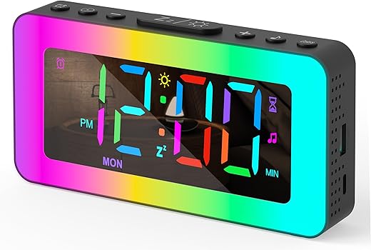 Digital Alarm Clock for Bedroom, Colorful Dynamic RGB Night Lights, Multicolor Digits Display, 0%-100% Dimmable, Sleep Aid, USB Charger, Small Led Bedside Digital Clocks for Kids, Boys, Girls, Teens