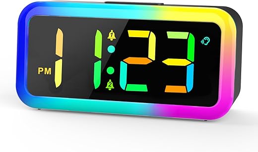 Digital Alarm Clock for Bedrooms, Colorful LED Bedside Clock, Digital Clock with Dual Alarm, Voice Control, Snooze, USB Charging Port, Compact Clock for Heavy Sleeper Adult (Black)