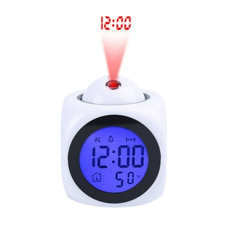 Digital Alarm Clock LCD Desk Snooze Clock Display Time Indoor Temperature, Time Projection, Voice Talking, Blue or Green Backlight