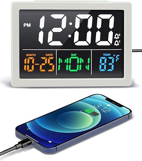 Digital Alarm Clock, with 5.5 Large LED Time Display, Adjustable Alarm Volume, 6 Level Brightness, Alarm Settings, USB Charger, Temperature Detect, Snooze, Clocks for Bedroom, Bedside, Desk, White