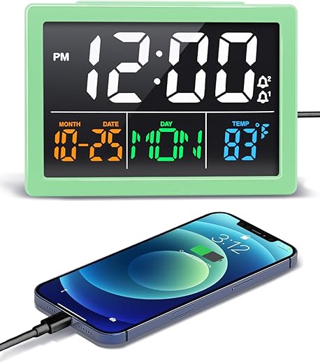 Digital Alarm Clock, with 5.5 Large LED Time Display, Adjustable Alarm Volume, 6 Level Brightness, Alarm Settings, USB Charger, Temperature Detect, Snooze, Clocks for Bedroom, Bedside, Desk, Green