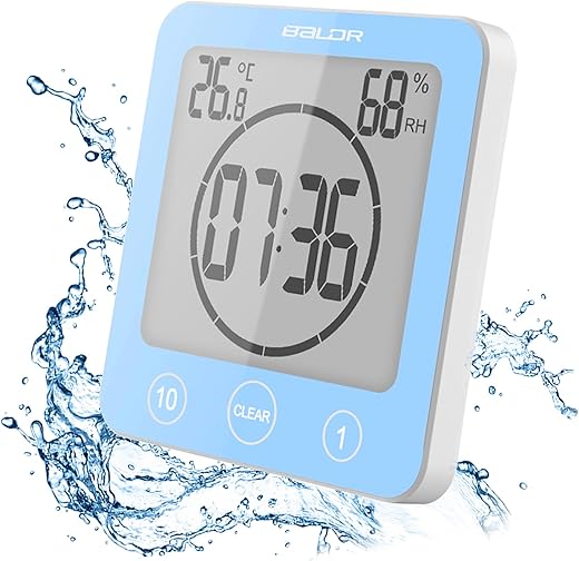 Digital Bathroom Shower Wall Clock Timer, LCD Digital Wall Clock with Suction Waterproof Temperature Humidity Gauge, Touch Screen Timer, Large Countdown Visual Timer Hanging Wall Clock