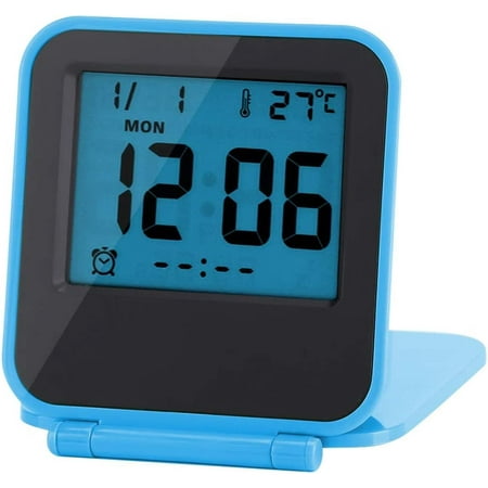 Digital Travel Alarm Clock, Mini Foldable Portable Alarm Calendar, Temperature and Timer, LCD with Snooze Mode with Soft Blue Backlight, Compact Desktop (Blue)