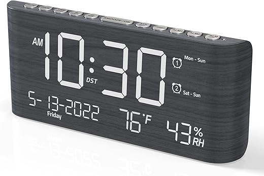 Digital Wooden Alarm Clock with Dual Alarm,Weekday/Weekend Mode,Adjustable Volume,Humidity & Temperature Detect,2-100% Dimmer,12/24H,Snooze,2 USB Chargers,Battery Backup, Loud Alarm Clock for Bedroom