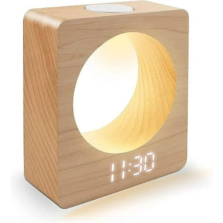 Digital Wooden LED Alarm Clock Made of Solid Wood (Beech) with Night Light, 3 Alarm Settings, Temperature Detection for Bedroom, Bedside, Desk, Kids