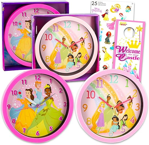 Disney Princess Wall Clock Set- Bundle of 2 Disney Princess 10” Wall Clocks Featuring Tiana, Belle, and Cinderella Plus Stickers and More | Disney Princess Bedroom Clocks