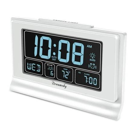 DreamSky Auto Set Digital Alarm Clock with USB Charging Port, 6.6 Inches Large Screen with Time/Date/Temperature Display, Full Range Brightness Dimmer, Auto DST Setting, Snooze. White