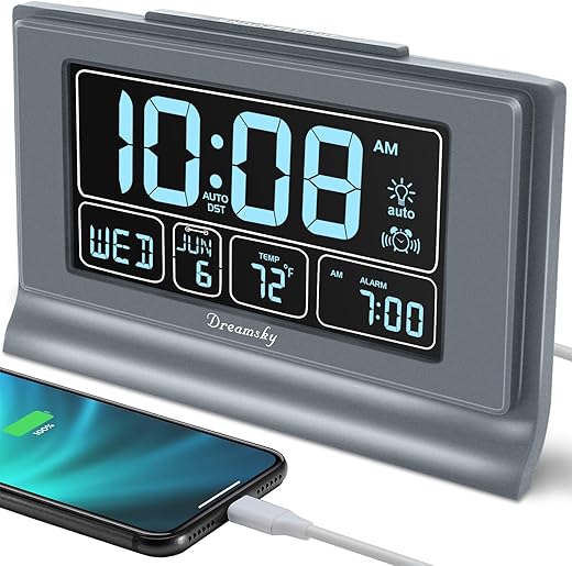 DreamSky Digital Alarm Clock with Battery Backup, 5 Inch Large Display, Auto Set Clock, USB Charging Ports, 12/24H