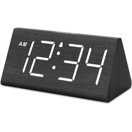 DreamSky Wooden Digital Alarm Clocks for Bedrooms - Electric Desk Clock with Large Numbers, USB Port, Battery Backup Alarm, Adjustable Volume, Dimmer, Snooze, DST, 12/24H, Wood Décor (Black)