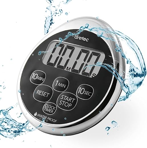 dretec Digital Timer Water Proof Shower Timer Shower Clock Bathroom Kitchen Timer Magnetic Backing Silver Black Officially Tested in Japan (1starter Lithium Battery Included)