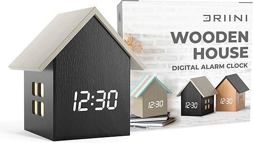 Driini Digital House Shaped Alarm Clock with Temperature Display (Dark Wood) – Modern Aesthetic with Cute Cube Frame and White LED Dimmer - Perfect Small Desk Clock for Bedside Table or Bedroom Mantle