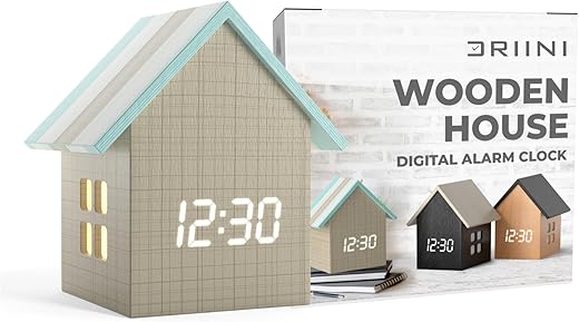 Driini Digital House Shaped Alarm Clock with Temperature Display (Stripe Wood) – Modern Aesthetic - Cute Cube Frame and White LED Dimmer - Perfect Small Desk Clock for Bedside Table or Bedroom Mantle