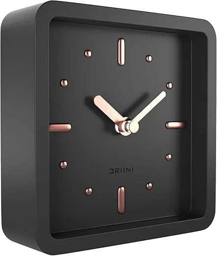 Driini Modern Mid Century Desk & Shelf Clock (Black Rose Gold) - Battery Operated with Silent, Analog Movement – Small Tabletop Clocks for Office – Perfect for Mantle, End Table, Desktop or Nightstand