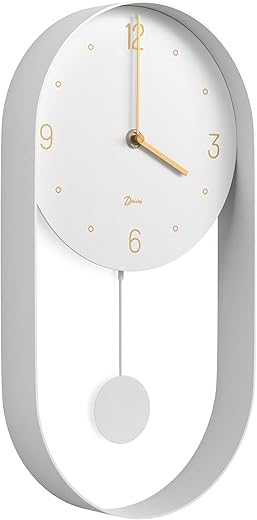 Driini Modern Pendulum Wall Clock - Decorative and Unique Metal Frame, with 8 Inch Face - Contemporary, Minimalist Design, with Silent Non Ticking Operation - Includes Both White and Gold Pendelum