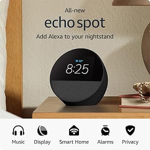 .Echo_Spot (2024 release), Smart alarm clock with vibrant sound + Alexa, Black - New