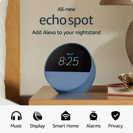 .Echo_Spot (2024 release), Smart alarm clock with vibrant sound + Alexa, Ocean Blue - New