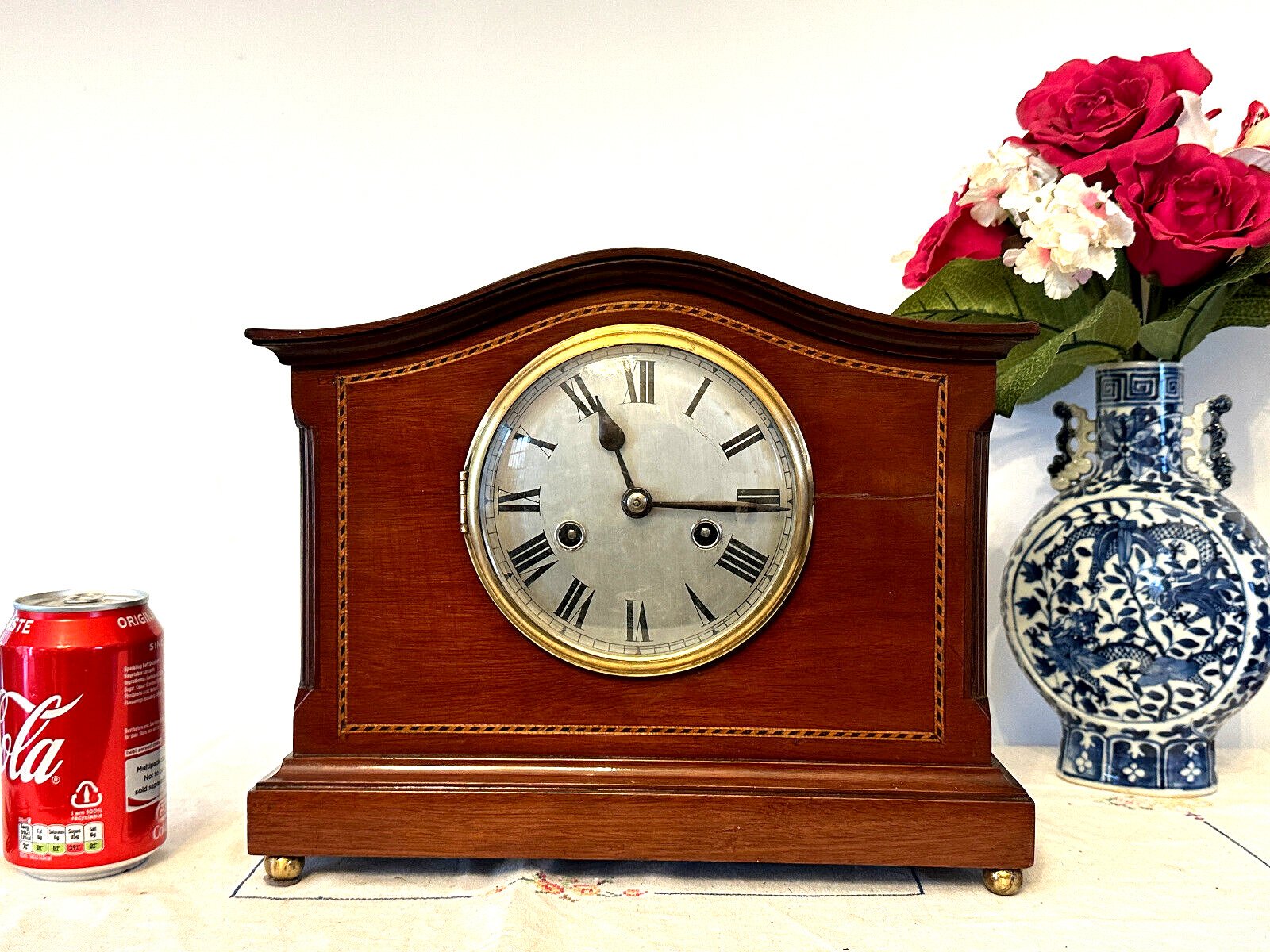 ELEGANT, SUPERB, RESTORED, SOLID RED WOOD EDWARDIAN MANTEL CLOCK GWO