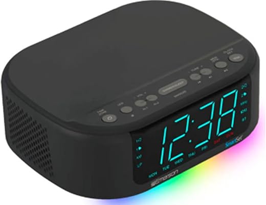 Emerson CKS8888 6-Watt Smartset Stereo Sound Bluetooth Speaker AM/FM Radio with 7-Color Changing Lights, 1.2” Cyan Display and USB Type-C Charging, Black