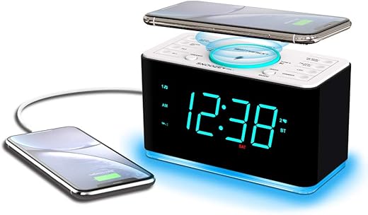 Emerson ER100401 Smartset 15Watt Ultra Fast Wireless Charging Dual Alarm Clock Radio with Bluetooth Speaker, USB Charger, Cyan LED Night Light and 1.4