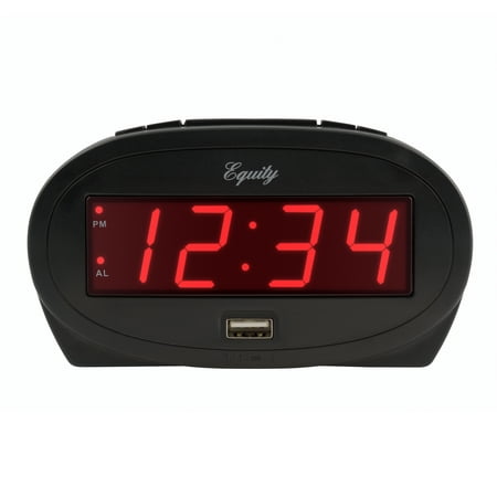 Equity 0.9 inch Black LED Corded Electric Alarm Clock with USB, 30024