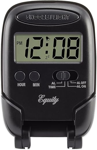 Equity LCD Fold-Up Travel Alarm Clock with Blue Backlight, 3.85L x 2.50W x 4.00H, Black