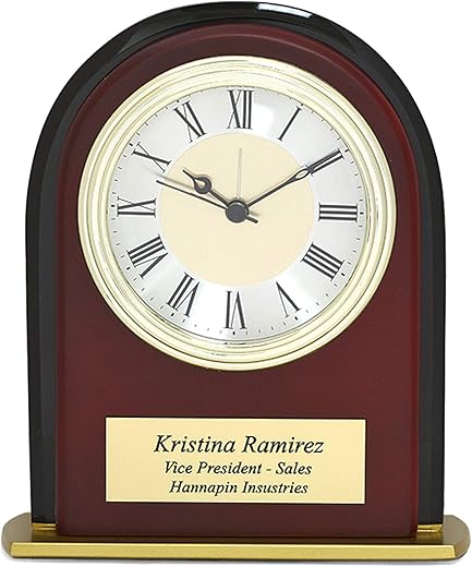 Executive Gift Shoppe Arched Mahogany Engraved Desk Clock - Personalized Wooden Table Alarm