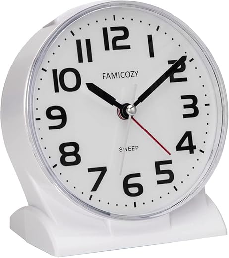 FAMICOZY 4.5" No Ticking Analog Alarm Clock,Silent Readable for Seniors,Easy to Set,Gradual Rise Alarm,Big Numbers,On/Off Switch on Side,Gentle Wake,Snooze Soft Backlight,Battery Operated,White