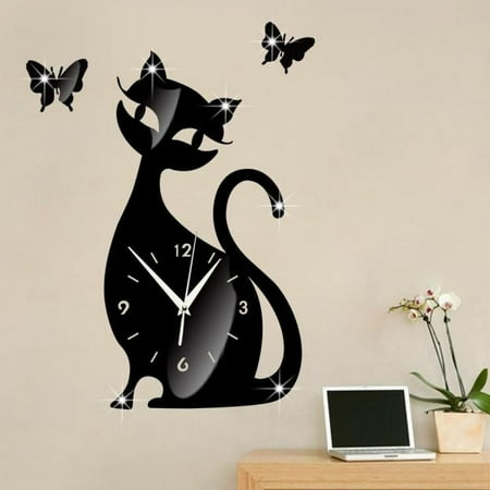 Fimeskey Clock Cute black cat wall clock black mirror Modern Wall Cute Decor Wall Watch Clock Home Design Sticker Clock Black ABS + PP