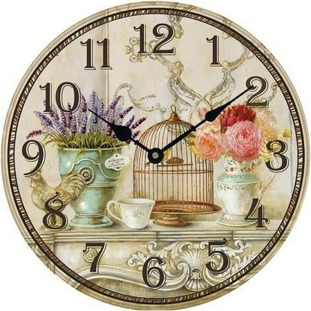 FloreceBien CIAFER-30CM Silent Wall Pendulum Clock Vintage Style Lavender Vase Cage Decorative for Living Room, Office, Kitchen, Bedroom, Bar, Cafe Lavender Vase Cage