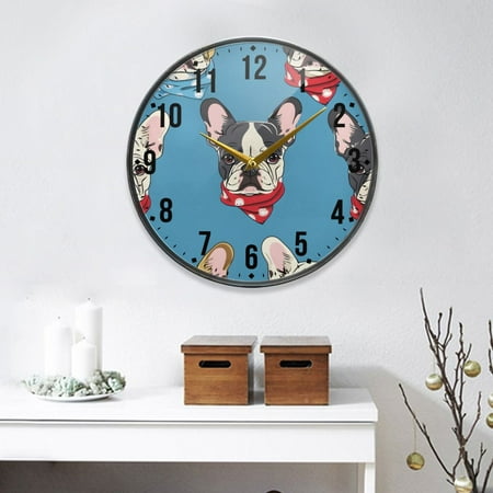 French Bulldog with Scarf Round Wall Clock 12 Inch Non-Ticking Silent Battery Operated Clock for Home Kitchen Office School Decor