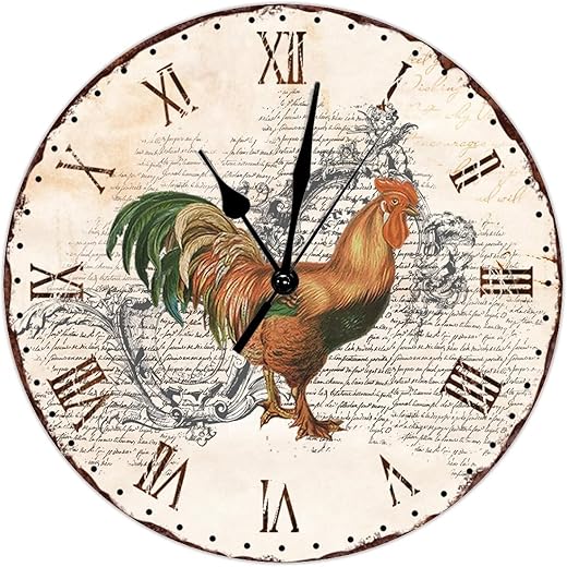 French Rustic Farmhouse Rooster Clock for Wall Silent Non Ticking Battery Operated Clock French Country Rooster Art Clocks Tuscan Country Style 12inch Round Clock for Home Office School