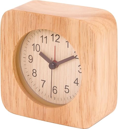 Fuji Boeki 36696 Table Clock, Alarm Clock, Analog, Width 4.0 inches (10.2 cm), Natural Wood, Quiet, Alarm Included, Light, Tabletop, Square, Wood