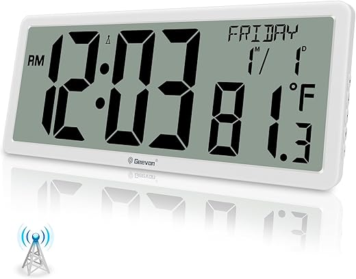 Geevon 14.3 Atomic Clock Battery Operated, Auto-Set Large Atomic Digital Wall Clock with Temperature, DST, Date, 4.4 Jumbo Digits for Home Office Elderly Living Room, Dining Room