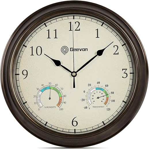 Geevon 14 Inch Retro Wall Clocks Battery Operated with Hygrometer and Thermometer Combo, Silent Wall Clock Non-Ticking Quartz Decorative for Kitchen Living Room School Bedroom…