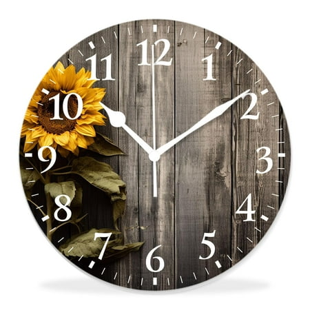 generic 14 inch Round Wall Clock,Yellow Sunflower Brown Burlap Print,Silent Non-Ticking Wall Clock Decor for Home Office Kitchen Living Room Bedroom