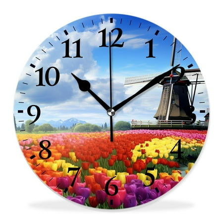 generic Silent Non Ticking 14 inch Round Wall Clocks,Traditional Dutch Tulips Style,Decorative Clocks for Living Room Kitchen Bedroom