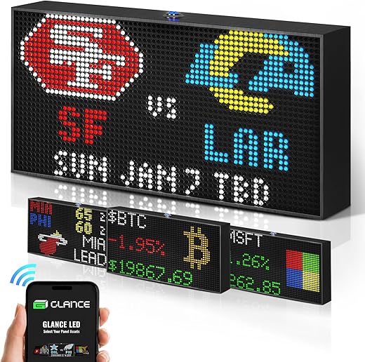 Glance LED Ticker - Customizable LED Display Sports Ticker, LED Display for Man Cave, Stock Market Ticker Display, Sports Score Retro Smart Pixel Display, Weather Display - 8x4 Made in USA