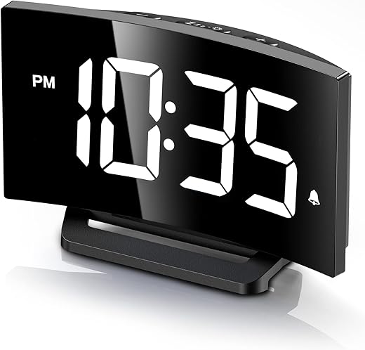 GOLOZA Digital Alarm Clock for Bedroom, Digital Clock with Modern Curved Design, Conspicuous White LED Numbers, 5 Levels Brightness+Off, 2 Volume, 3 Alarm Tones, Snooze,Power-Off Memory,12/24H