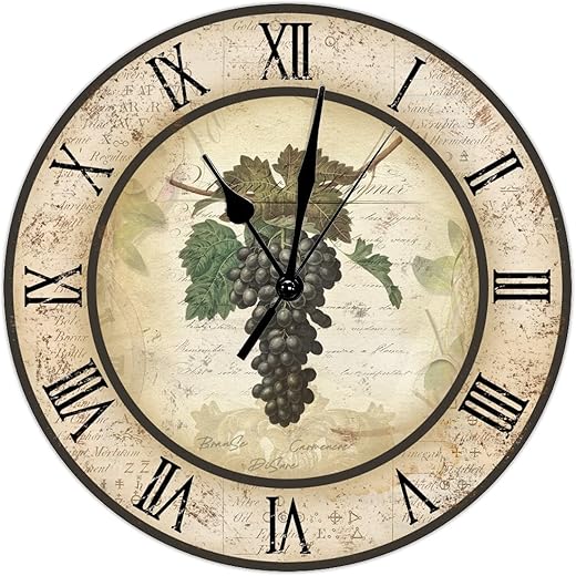 Grape Wine Wall Clock Vintage Farm Brown Barrel Large Wall Clock 15inch Silent Non-Ticking Battery Operated Wood Clock Decorative for Office Kitchen Living Room Bedroom Home