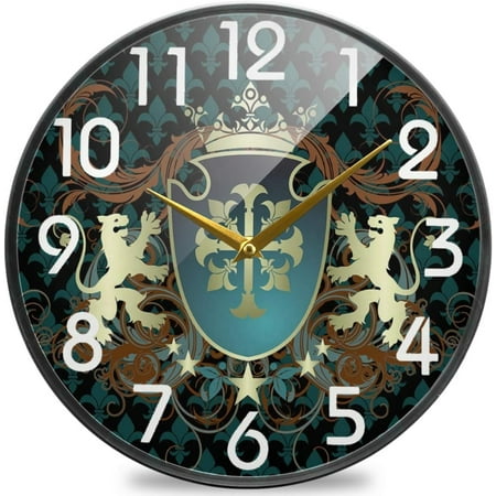 GZHJMY Medieval Heraldic Coat of Arms Fleur De Lis Lions Round Wall Clock, 9.5 Inch Silent Battery Operated Quartz Analog Quiet Desk Clock for Home,Office,School