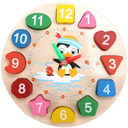 Hemoton Kids Clock Toy Wooden Time Learning Toy Cartoon Penguin Clock Toy Toddler Puzzle Toy